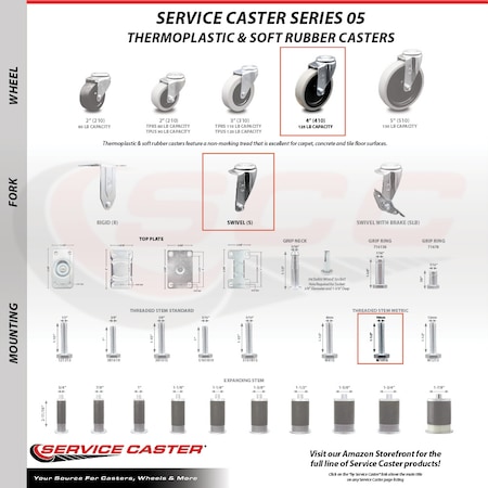 Service Caster 4 Inch Thermoplastic Wheel 10mm Threaded Stem Caster Set with 2 Brakes SCC SCC-TS05S410-TPRS-M1015-2-SLB-2